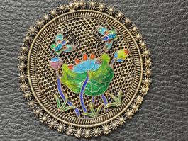 Pendentif medaillon vintage chinois en argent doré et émail