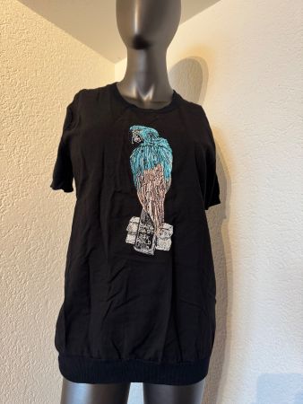 Strick T-Shirt mit Papageienstickerei Gr M Schwarz