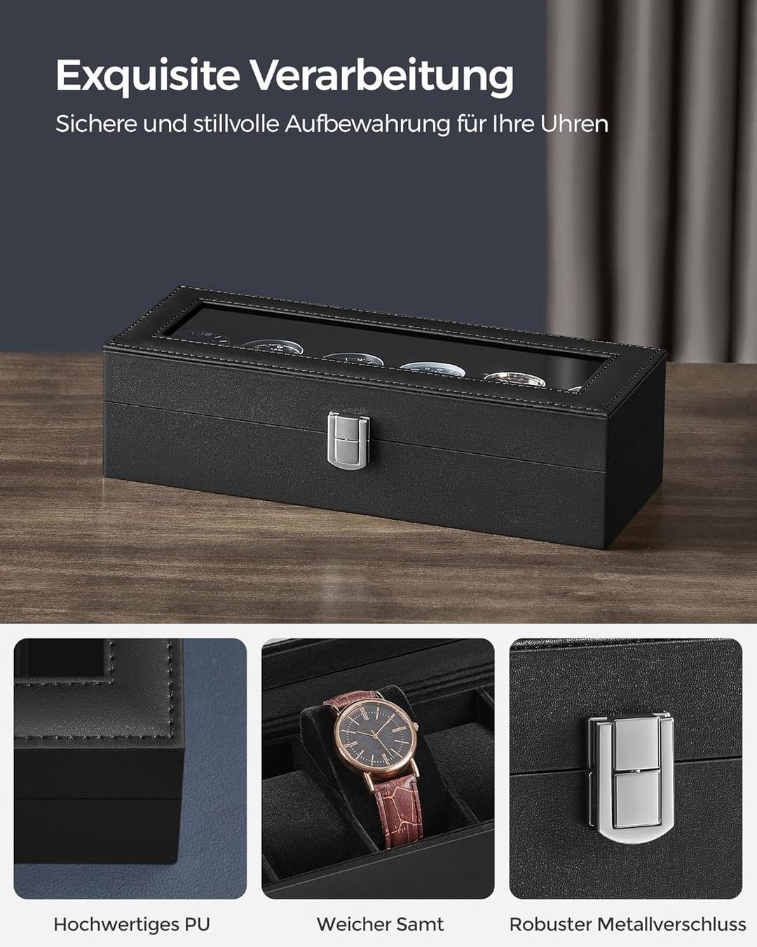 Scatole porta orologi: Uhrenbox schwarz 6 Fächer Glasdeckel elegant Box – Nuovo e nell'imballaggio originale da Wittenbach venduto da SELVARO 1