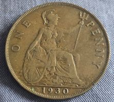 One Penny 1930 Grossbritannien Münze guter Zustand