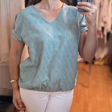 Lochstickerei Bluse mit Strass Gr. L/XL Mint