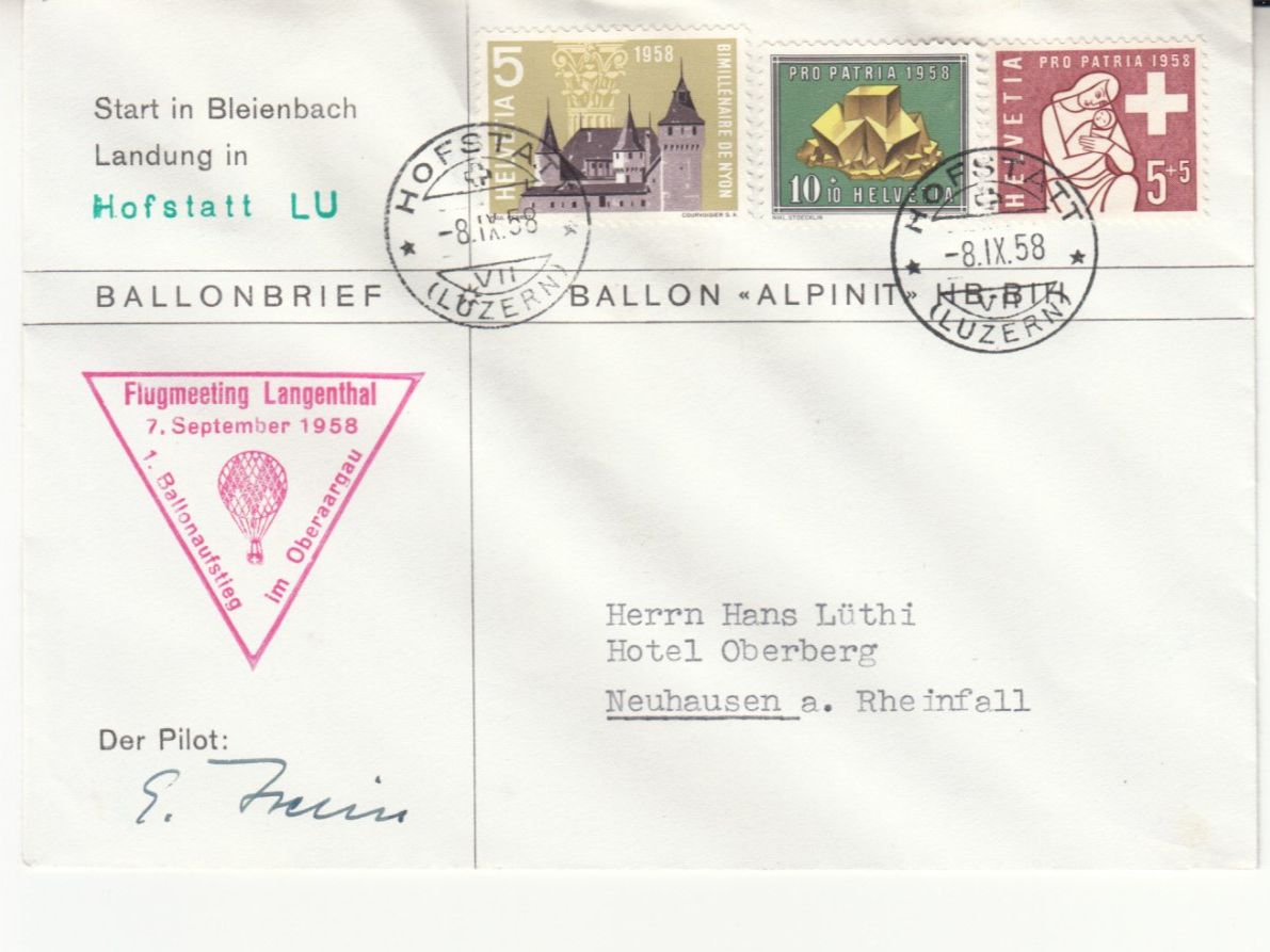 Tutti i francobolli: Ballonpost Flugmeeting Langenthal 1958 – Usato da Bürglen TG venduto da StampGraf