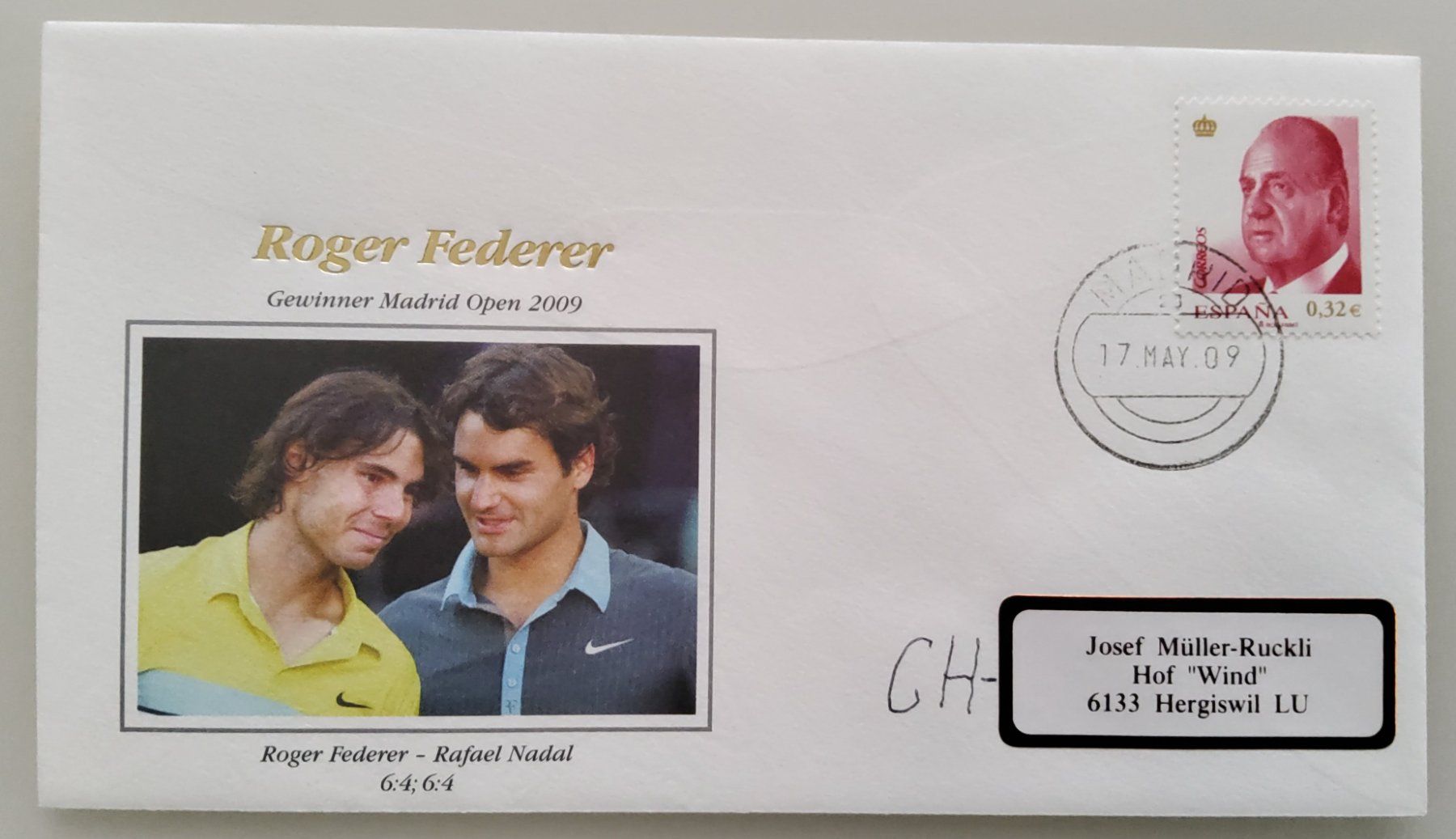 Alle Briefmarken: Roger Federer - 2009 - Gewinner Madrid Open – Gebraucht aus Buchrain von mue_kru