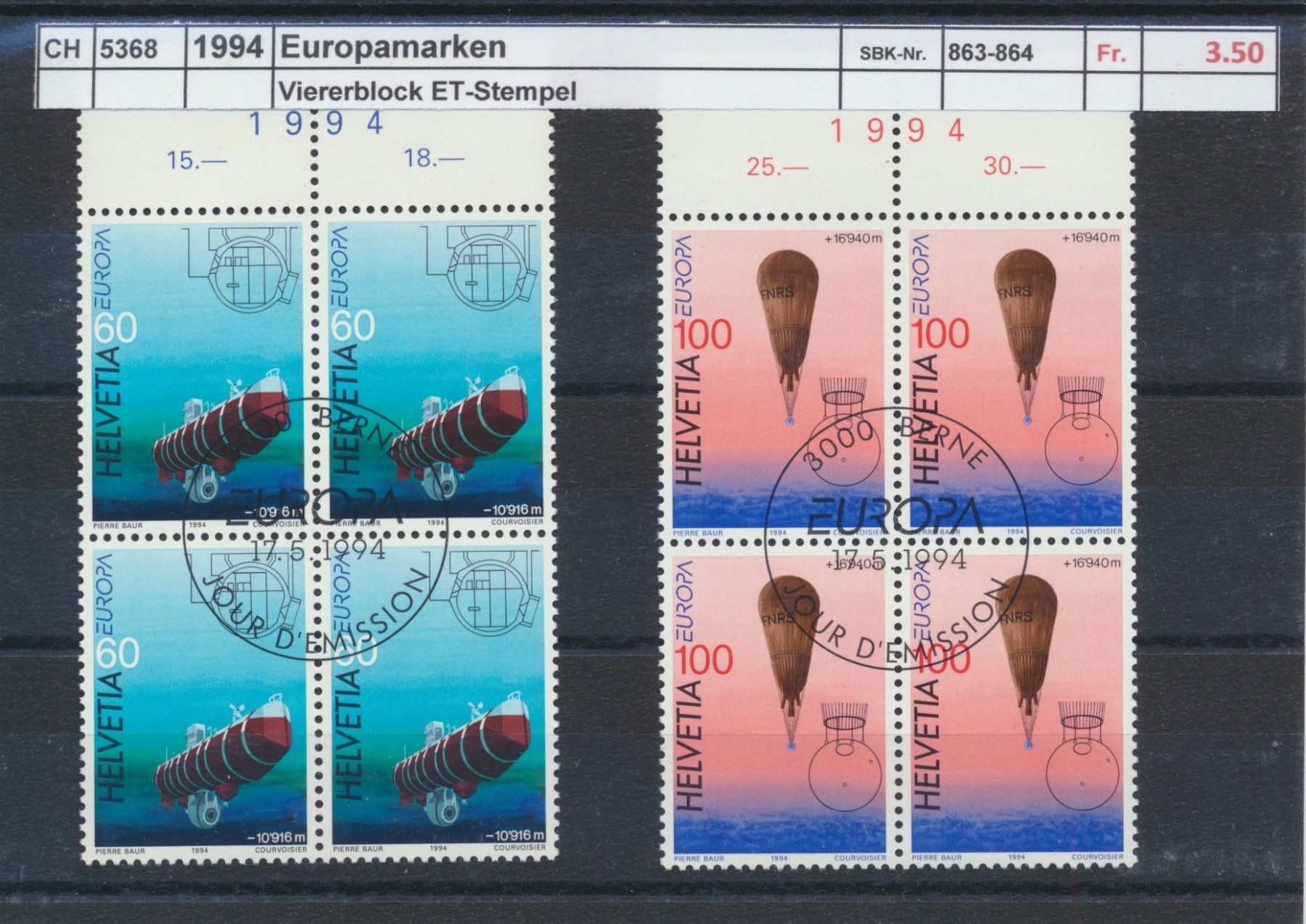 Alle Briefmarken: 1994 "Europamarken", Viererblock, ET - Stempel – Gebraucht aus Winterthur von Zupogeru