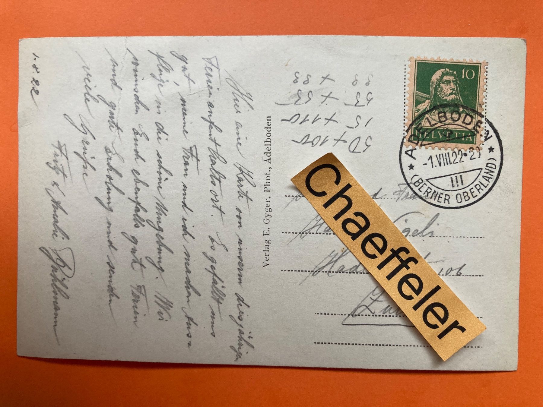 Cartes postales: 1922 Adelboden, Wildstrubel – D'occasion à Zürich par Chaeffeler 1