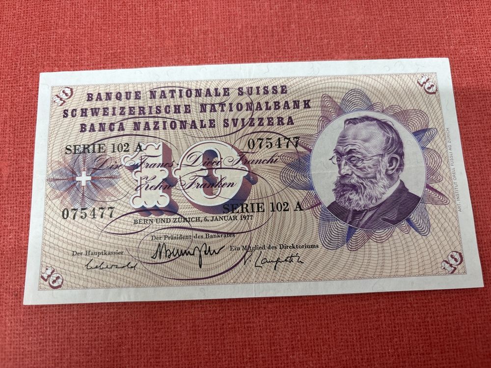 Schweizer Nationalbank 10 Note, Serie 102A, 1977 UNZ (Neu (gemäss ...