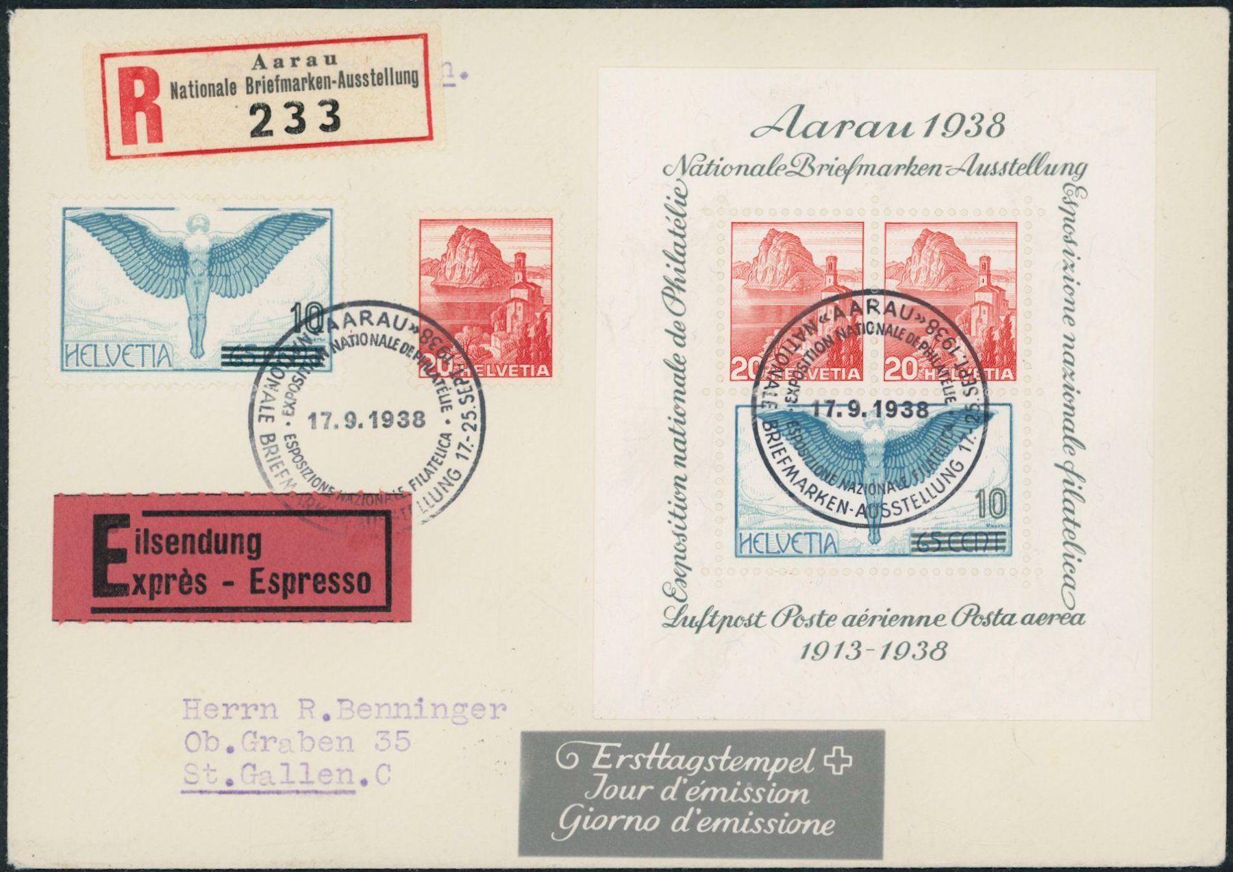 Tutti i francobolli: 1938 - San Salvatore - Aarau Block - Combo FDC ET – Usato da Schindellegi venduto da leecollect