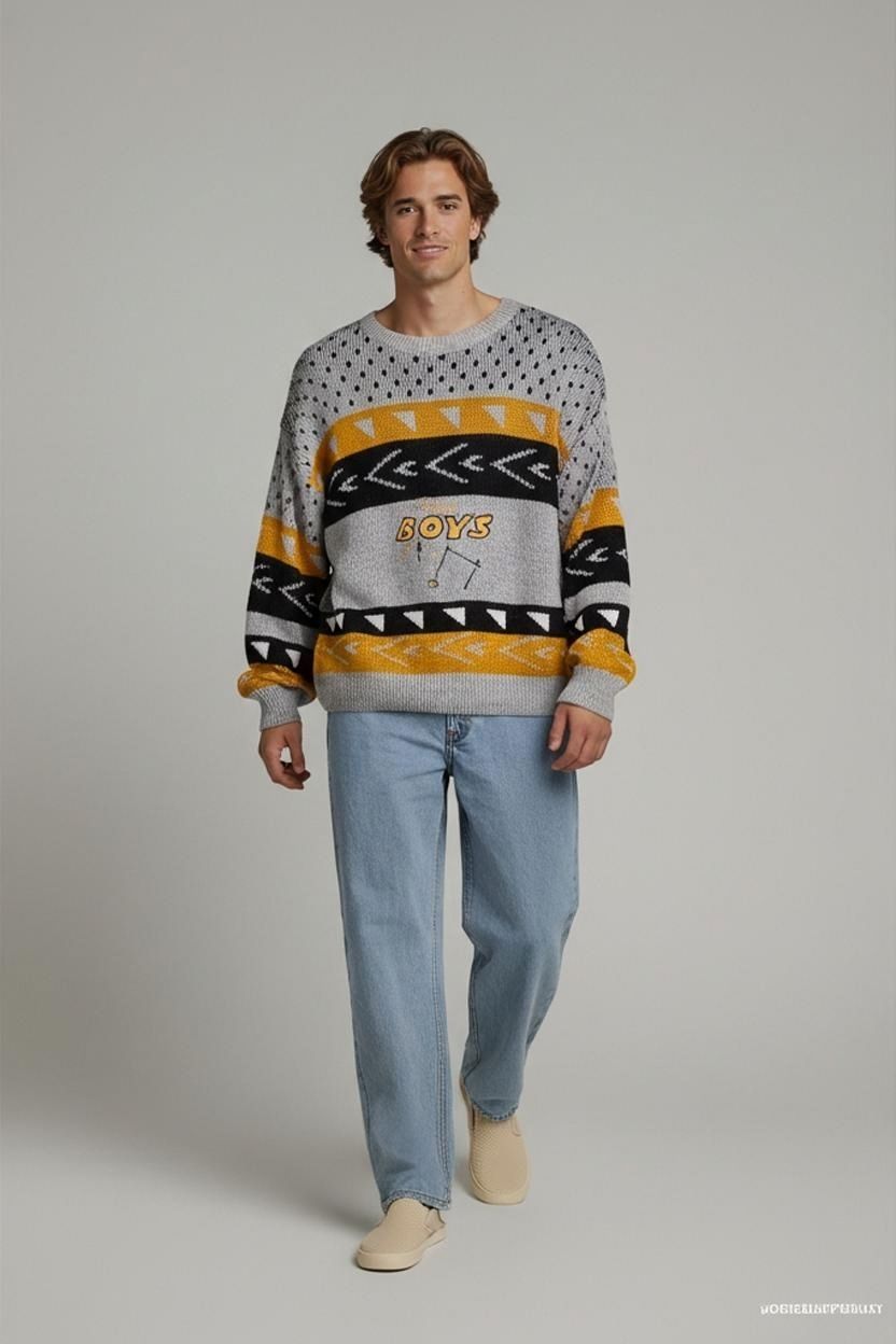 Maglioni & Felpe: Vintage PAY Riko Textil Gemusterter Pullover - Grau, Gelb – Usato da Zug venduto da vinokilo