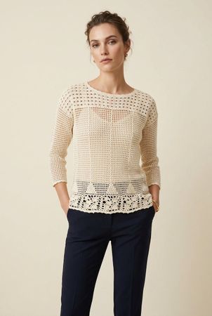 Vintage Top Crochet Écru Manches 3/4 T. L