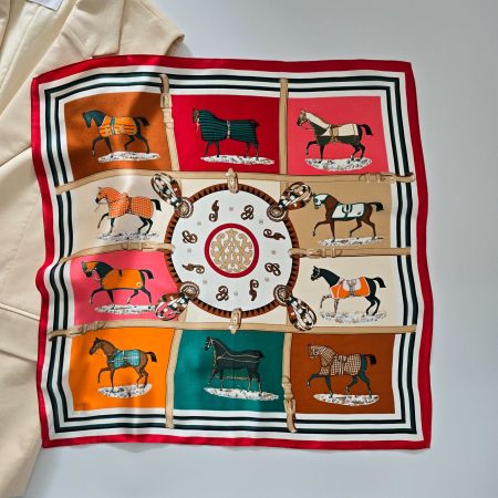 New 53cm 100% Silk Scarf, Horse Print Red Pink Orange