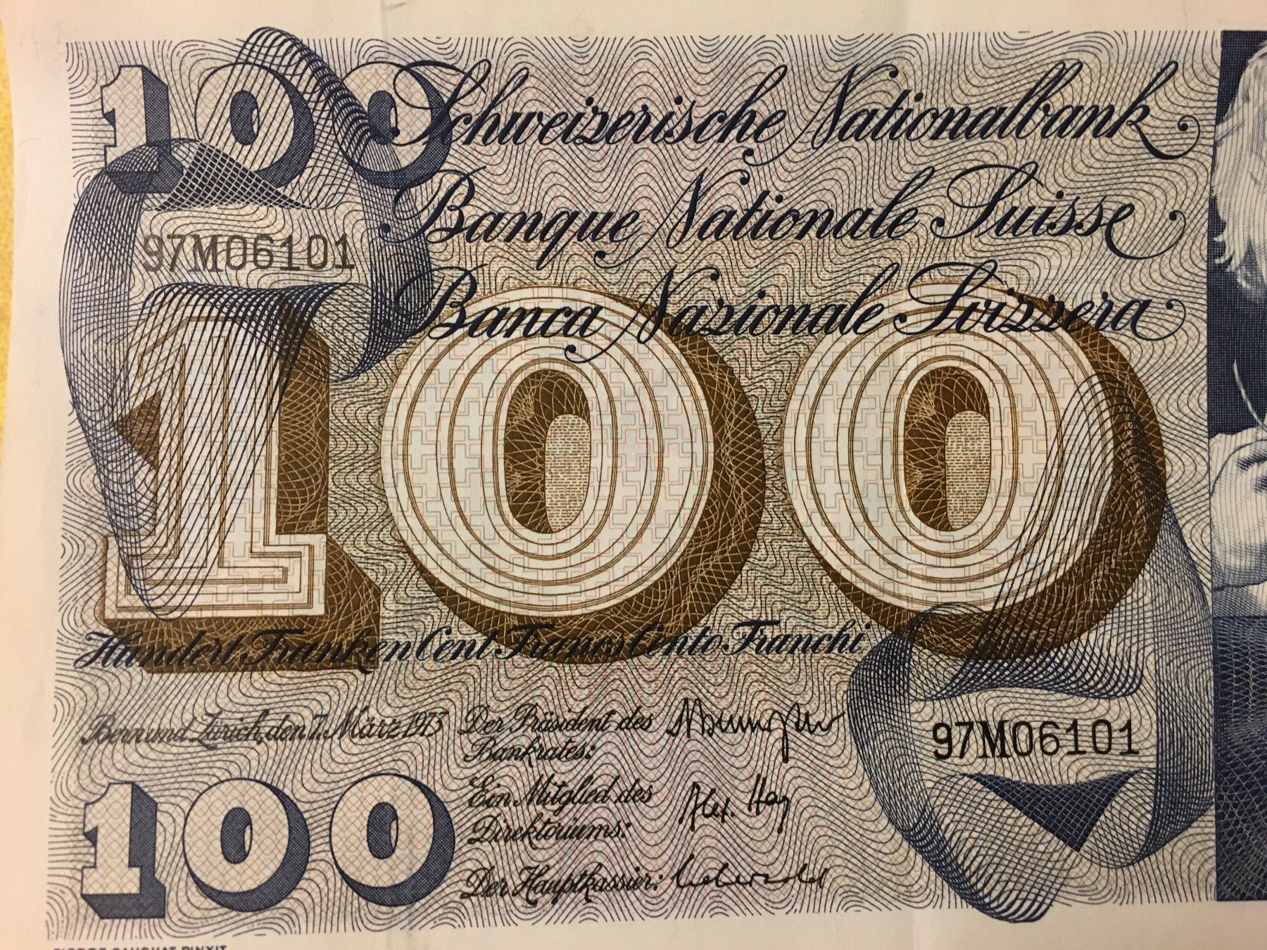 Banconote: Schweizer Banknote 100 Franken 7.3. 1973 HI. Martin – Usato da Lanzenhäusern venduto da vic63 5