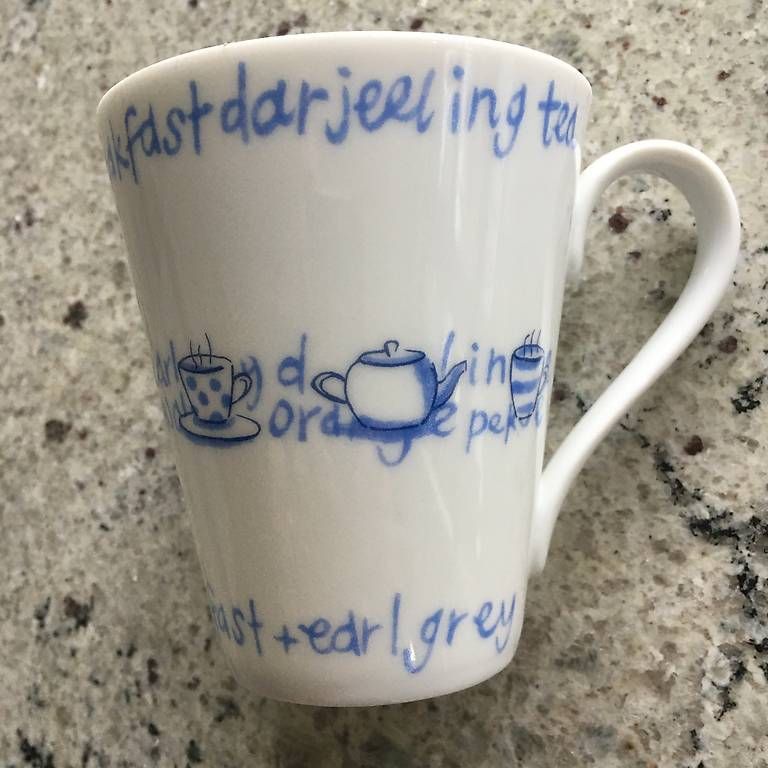 Tazze: 2dl Teetasse weiss mit hellblauer Schrift. Tea for two – Usato da Basel venduto da len_8kpw