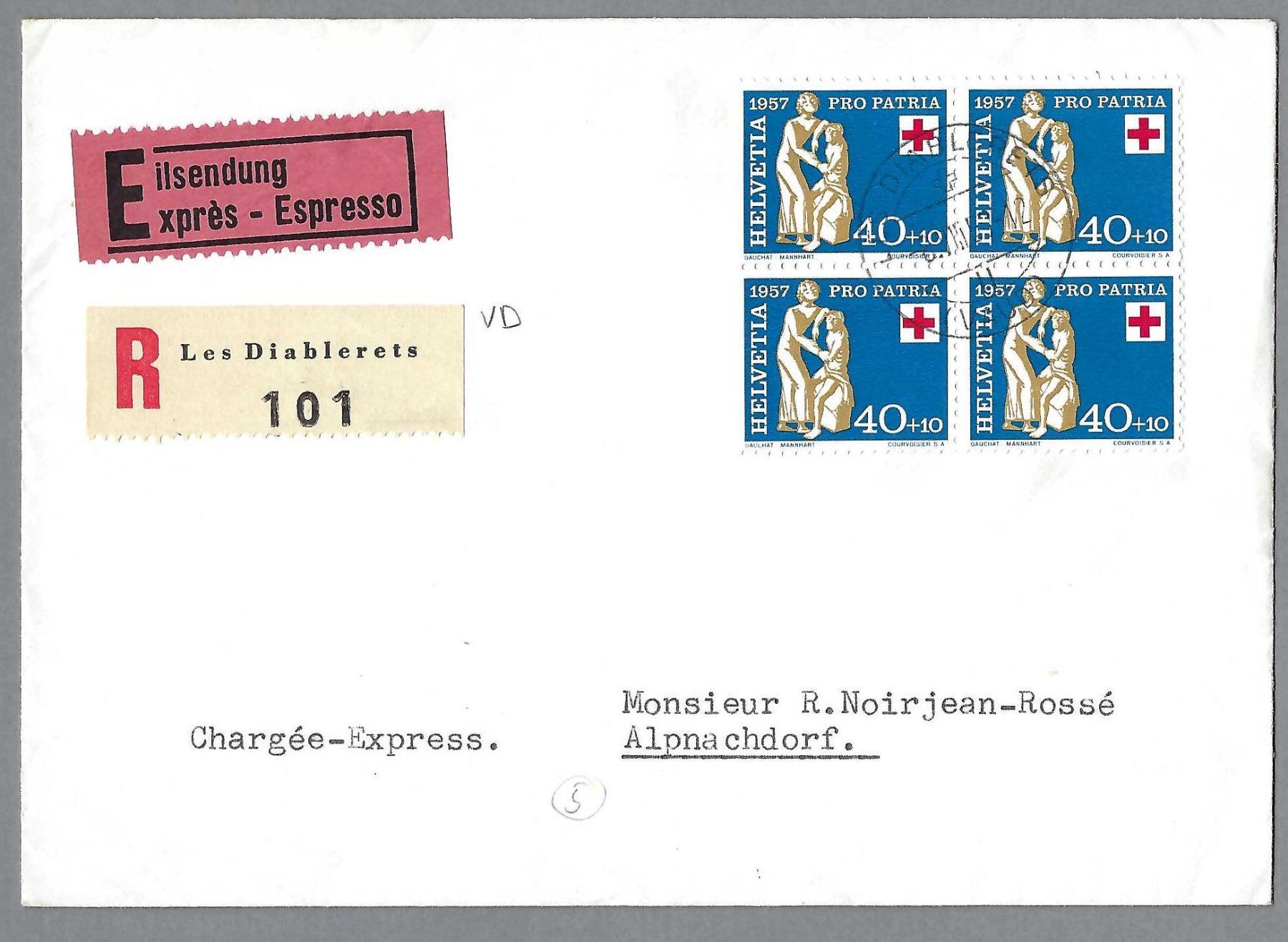 Tutti i francobolli: 1957, B85x4, 0 LES DIABLERETS, EIL./EING.-BRIEF – Usato da Pura venduto da ulisse1957