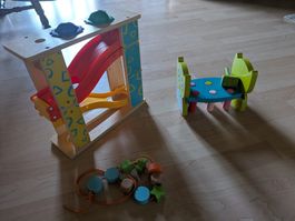 Holzspielzeug Kugelbahn und Klopfbank Eule Holz bunt Kinder