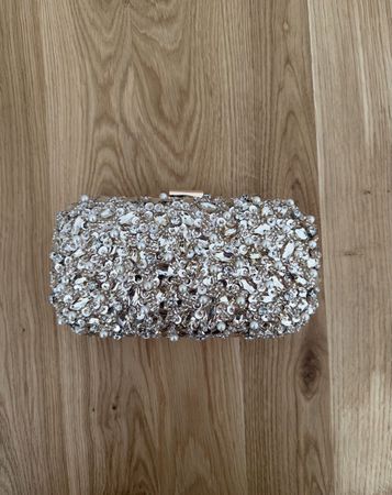 Clutch Tasche Mascara London goldfarben mit Steinen neu