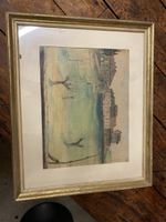 Quadro vintage con cornice dorata, paesaggio primaverile