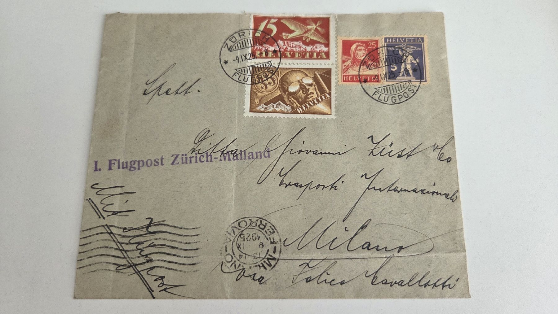 Alle Briefmarken: 1925 Flugbrief 1. Flug Zürich - Milano – Gebraucht aus Arni AG von Moth68
