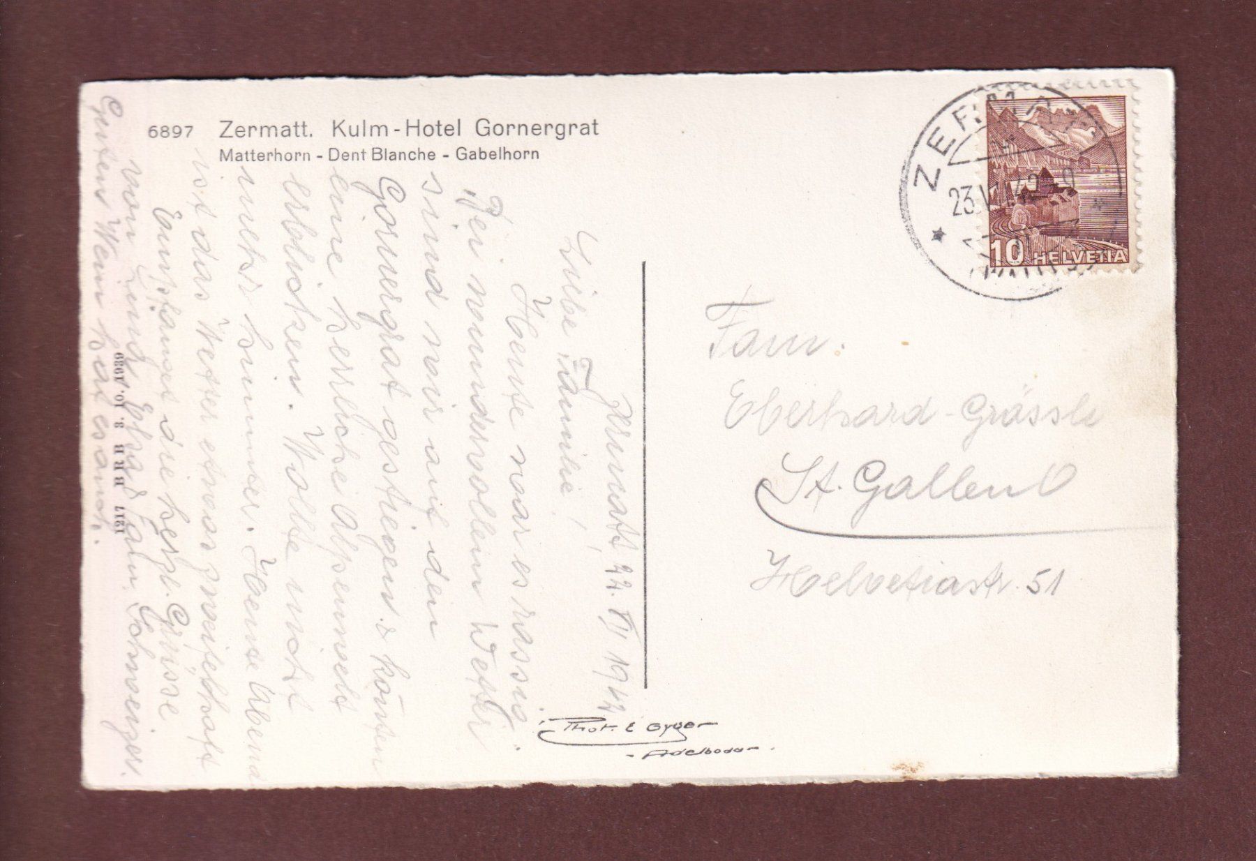 Cartoline postali: GORNERGRAT - Hotel - Matterhorn - 1942 – Usato da Pully venduto da nicecards-shop 1