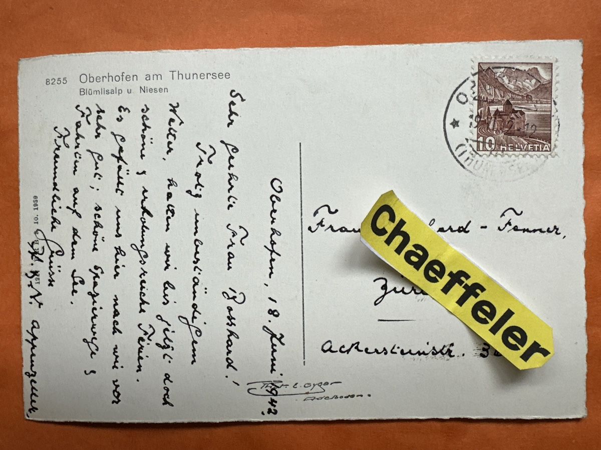 Cartoline postali:  Oberhofen am Thunersee, 1942 – Usato da Zürich venduto da Chaeffeler 1
