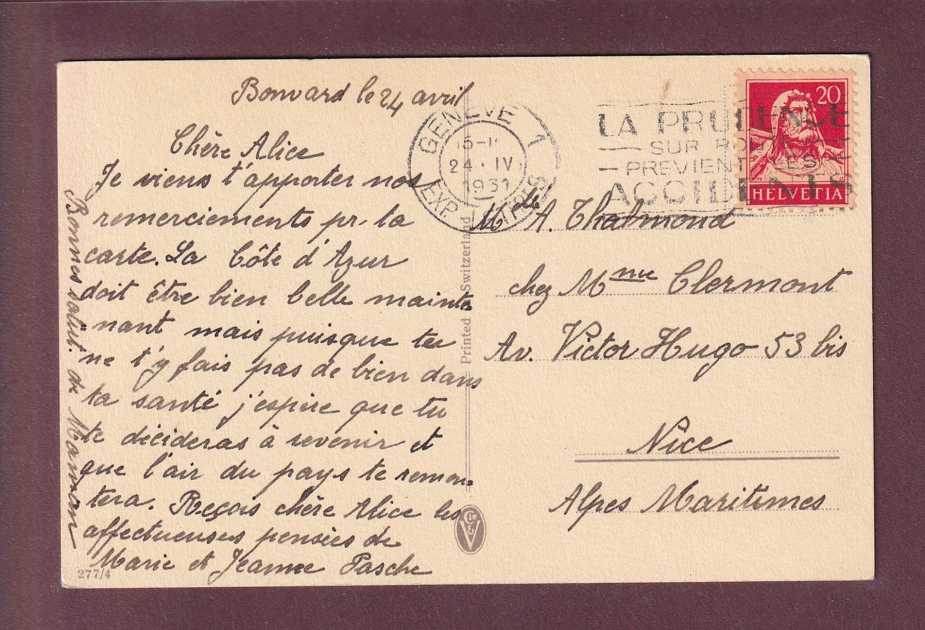 Ansichtskarten: CERVIN - Verset - 1931 – Gebraucht aus Pully von nicecards 1