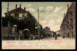 Lithographie St. Gallen, Rosenbergstraße mit Passanten und S