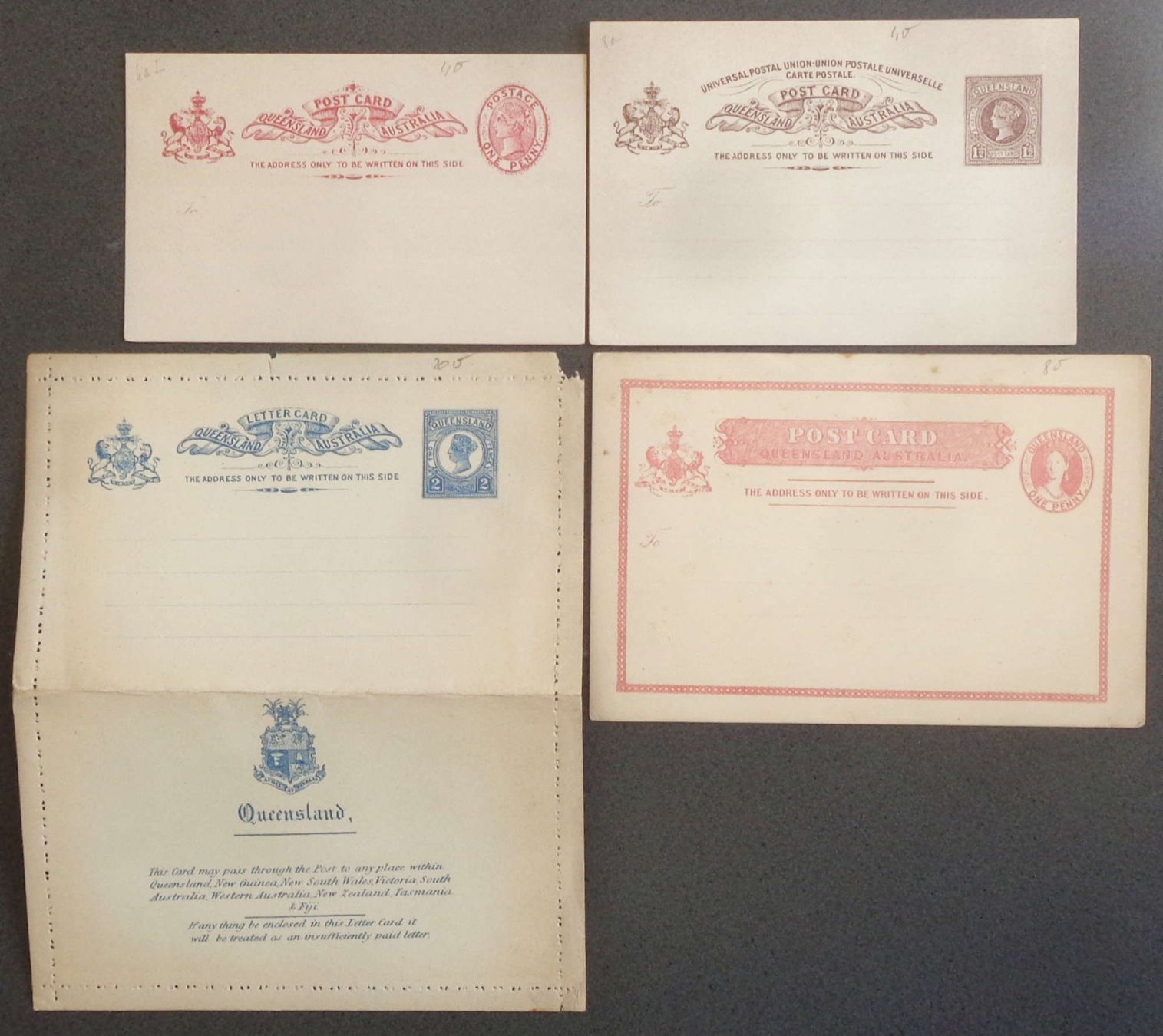 Tous les timbres: QUEENSLAND: 4 Postal Stationaries, * – Neuf (Voir description) à Le Locle par timbrettino