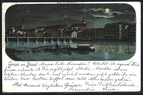 Cartoline postali: Litho Basel, Flusspartie mit Brücke im  – Usato da Berlin venduto da bartko-reher