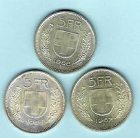 1966,1967+1969 Lot 3x 5 Franken Silber, -unz-stgl. (15931)