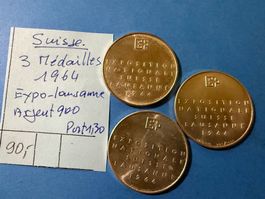 SUISSE : 3 MEDAILLES 1964 - EXPO LAUSANNE- ARGENT 900