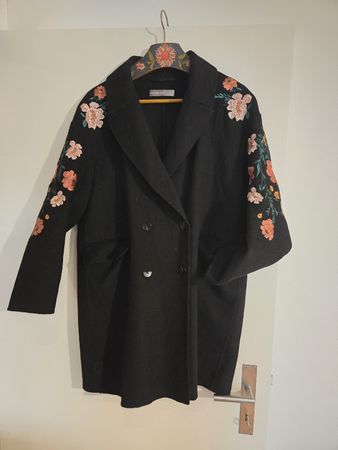 Hallhuber Damen Wollmantel Gr. 42 mit Blumen Stickerei