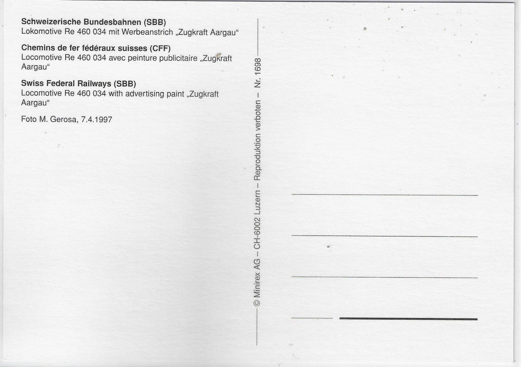 Cartoline postali: SBB CFF FFS - Lok Re 460 034 "Zugkraft Aargau" – Usato da Ettingen venduto da Kartenplanet 1