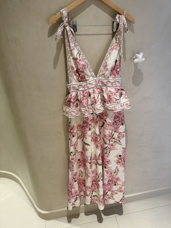 H&M Linen Blend Floral Dress Peplum Detail Size XS White