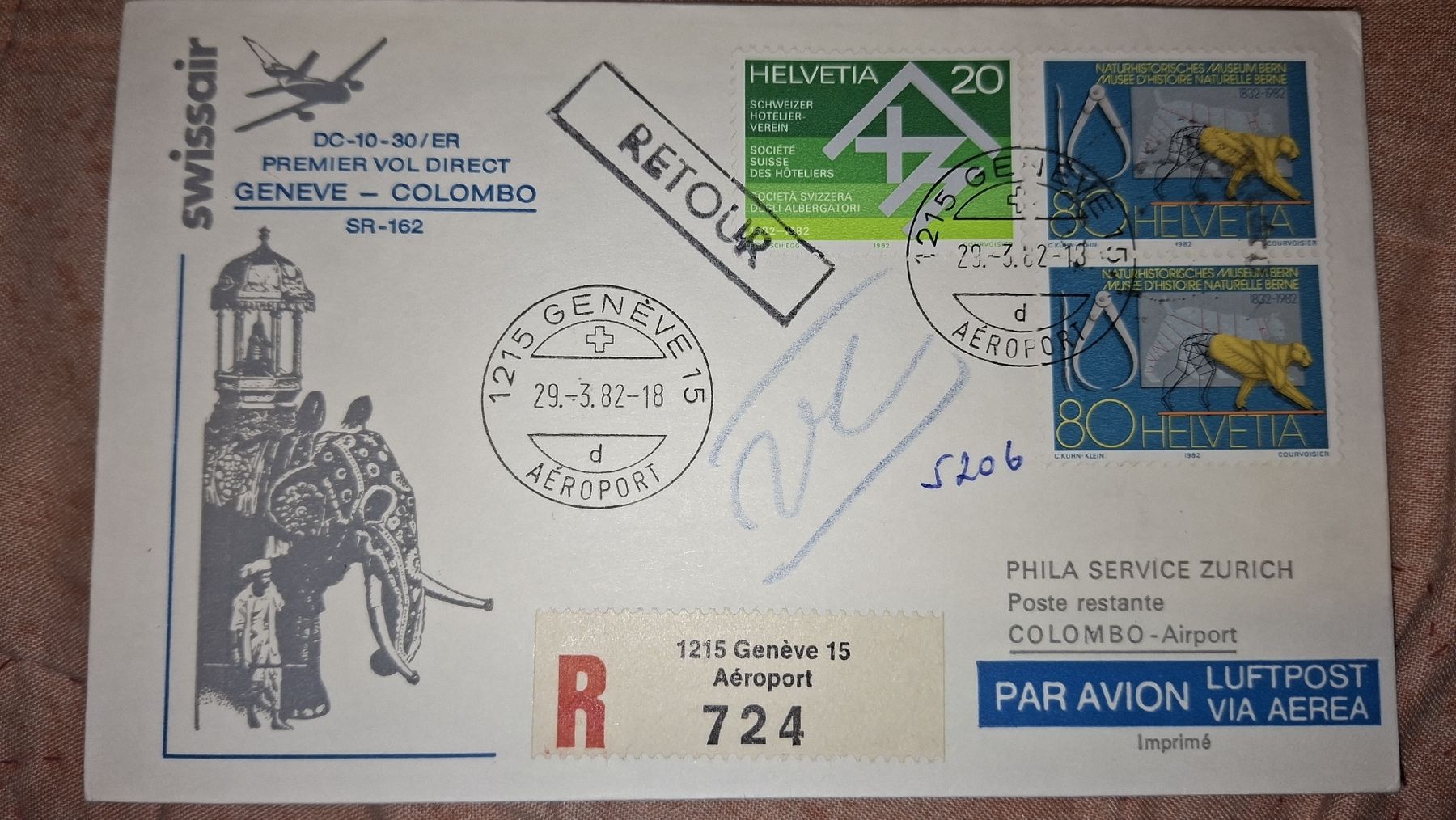 Tutti i francobolli: Swissair Geneve - Colombo 29.03.1982 – Usato da Balgach venduto da SIMEON27