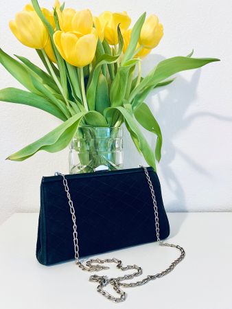 Vintage Black Suede Quilted Gold Chain Evening Bag