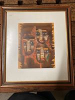 Quadro vintage con volti espressivi, cornice legno