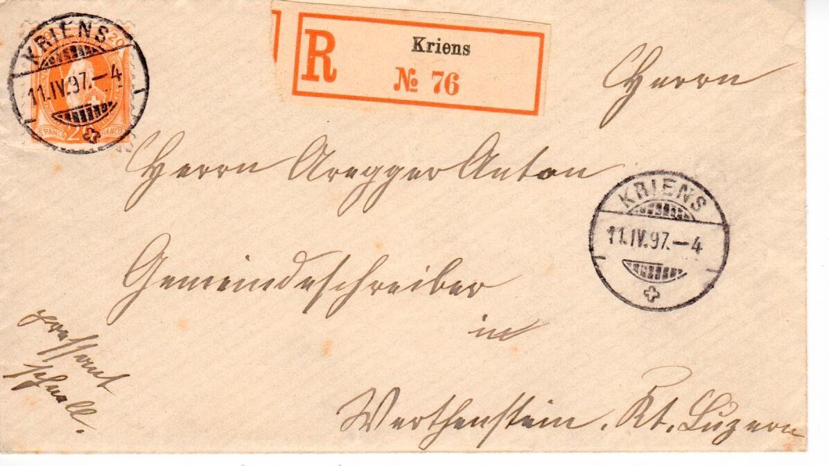 Alle Briefmarken: R - Brief Kriens 1897 – Gebraucht aus Wolhusen von Curver9