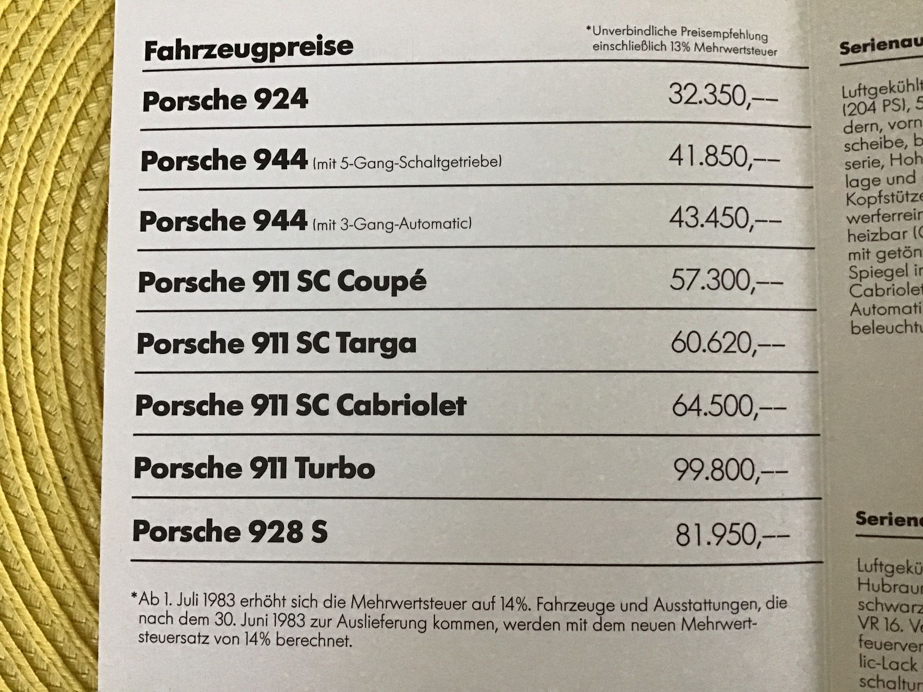 Porsche Documenti: Porsche Programm Preisliste 1983 in DM – Usato da Scherzingen venduto da Starseller62 1