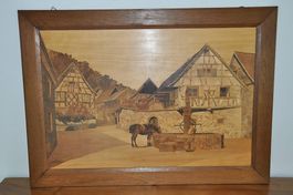 Elsässisches Holzbild mit Intarsien von Ch. Spindler
