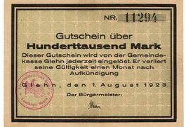 Glehn 100000 Mark+Stempel rot KN 5 stel. 01.08.1923 VZ-VZ+