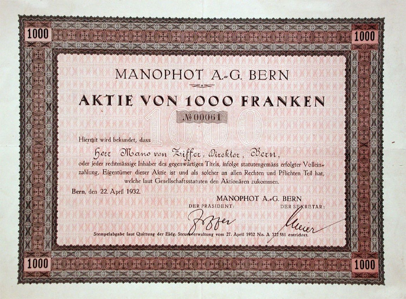 Documenti: Manophot AG Bern, Bern - 1932 – Usato da Solothurn venduto da Sgasche