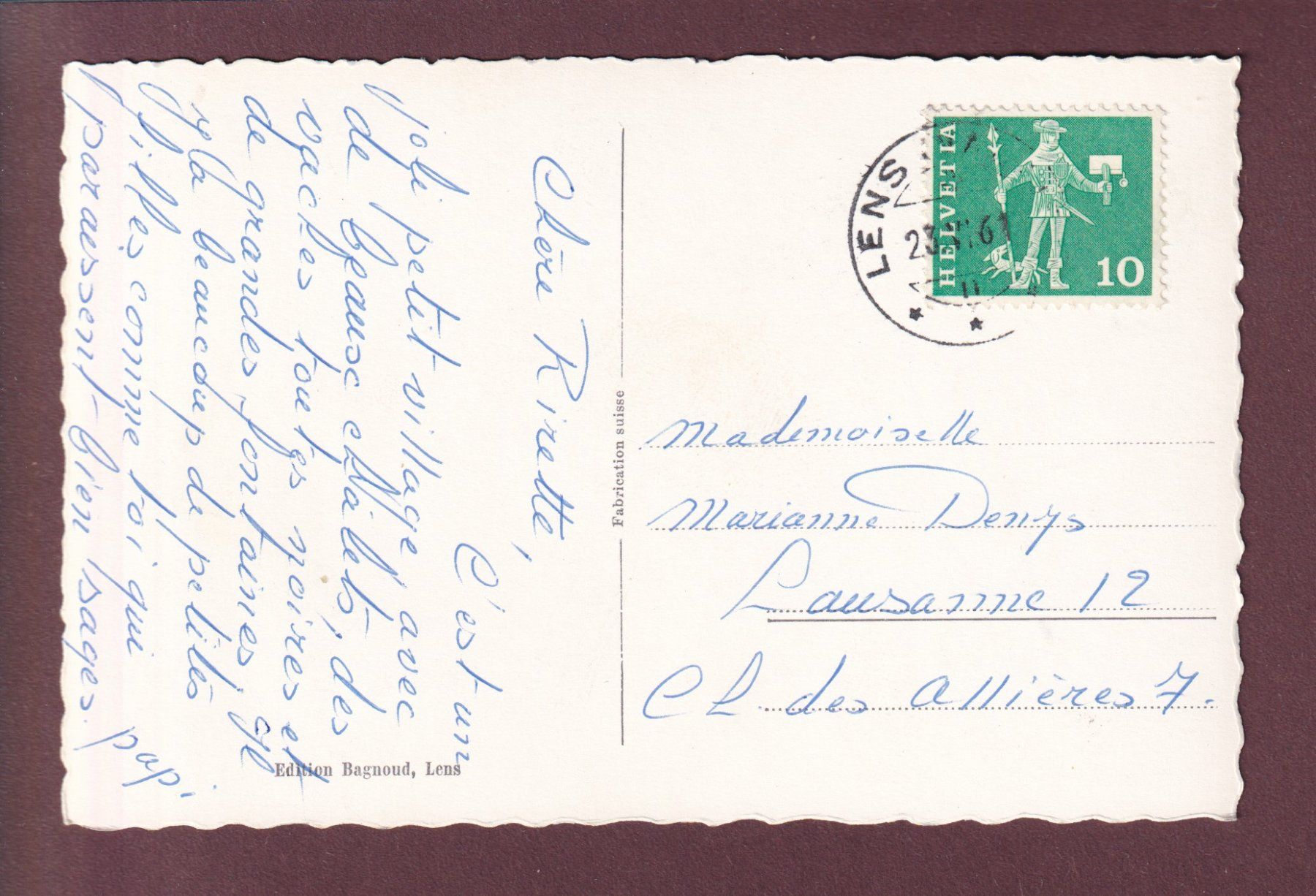 Cartoline postali: LENS - Maison - 1961 – Usato da Pully venduto da nicecards 1