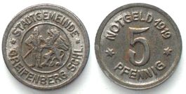 Schlesien 5 Pfennig 1919 Eisen, Prägefehler GREIFENBERG, RAR