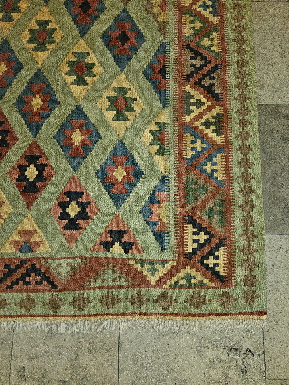 Kelim Tappeti: Orientteppich Kelim mintgrün mit geometrischem Muster  – Usato da Reinach BL venduto da Stylista_Shop 1