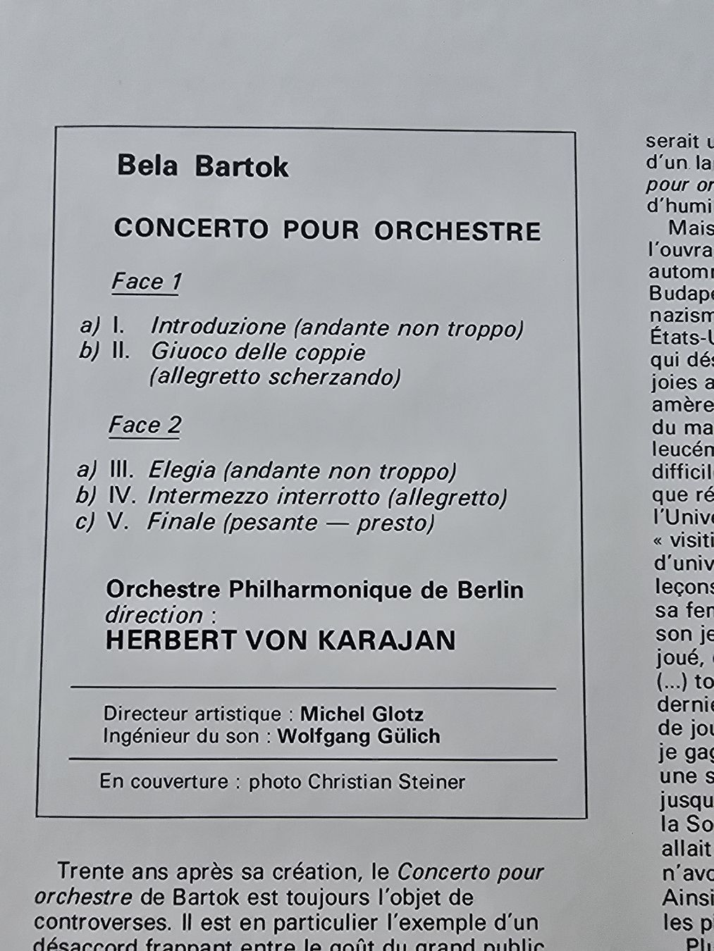 Schallplatten: Bartok Concerto pour Orchestre Karajan  – Gebraucht aus Hedingen von mickway 1