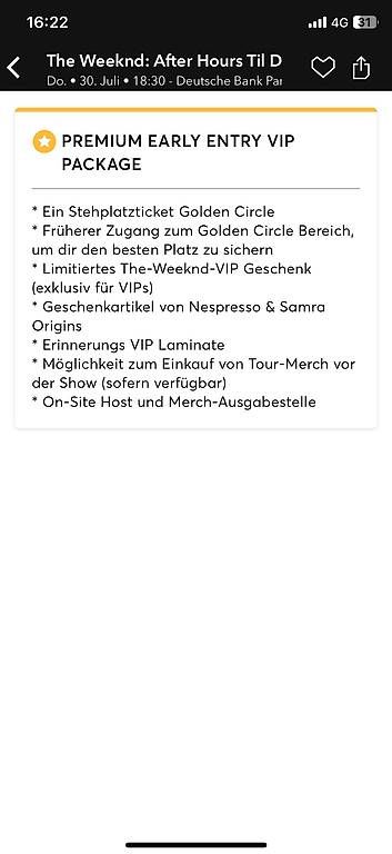 Billets: The Weeknd VIP Ticket - Golden Circle - Early entry – Neuf (Voir description) à Hunzenschwil par IIDEA 1