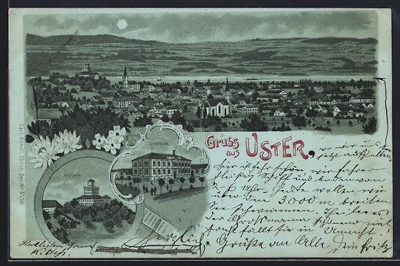 Cartoline postali: Mondschein-Lithographie Uster, Schloss,  – Usato da Berlin venduto da bartko-reher