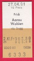 KARTON BILLETT, FRICK WOHLEN, 2.KLASSE, EINFACH, HALBTAX