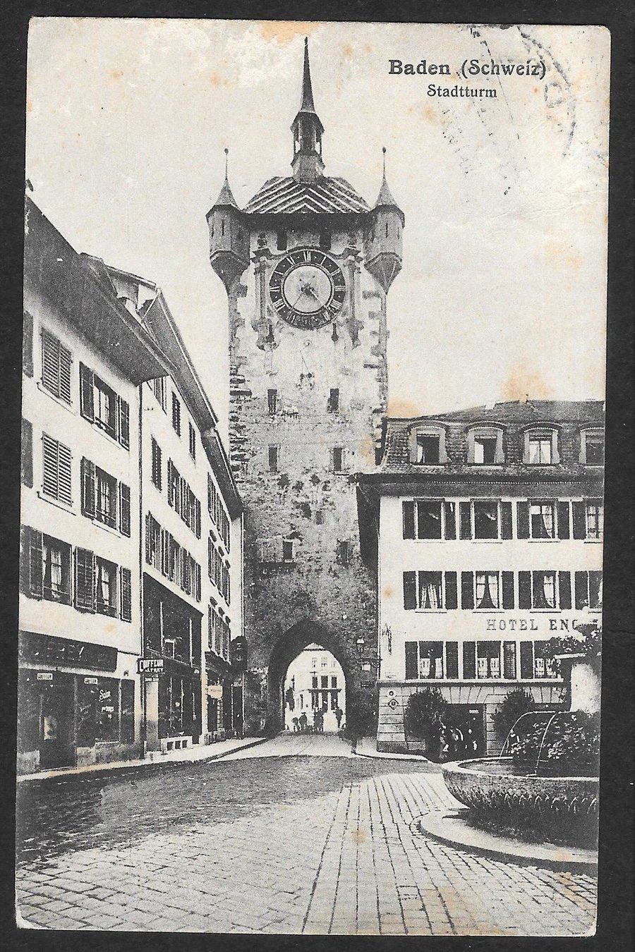 Cartoline postali: Baden Stadtturm mit Hôtel Engel – Usato da Olten venduto da clotaldi
