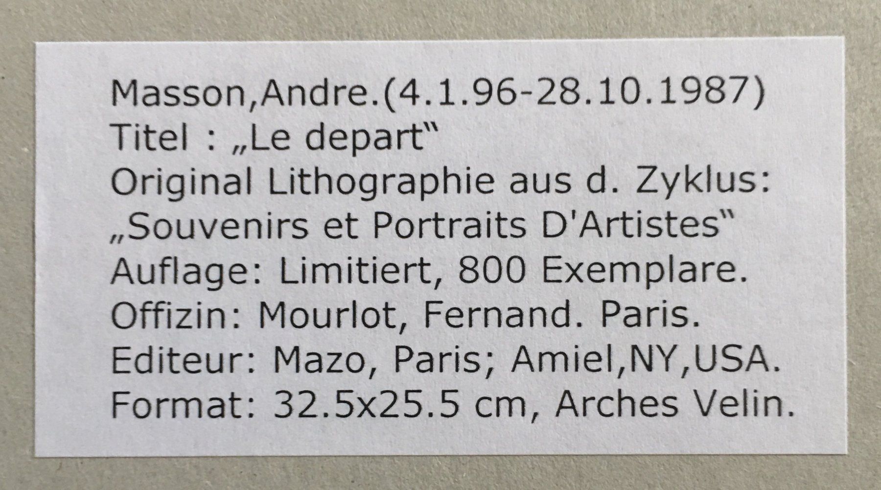 Grafiken & Lithographien: André Masson " Le départ "  Original Lithographie – Gebraucht aus Nennigkofen von Sommersonnen 4
