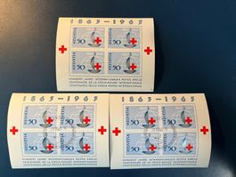 3 Blöcke, Hundert Jahre Rotes Kreuz, 1963, postf. und geste